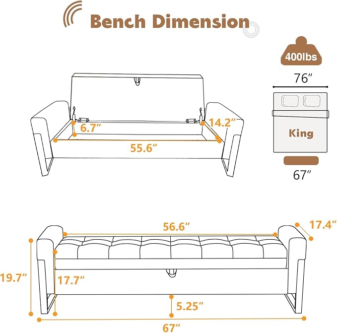 67" End of Bed Storage Bench King Size, Velvet Storage Bench for Bedroom Foot of Bed, Upholstered Storage Ottoman Bench with Gold Legs for Window Living Room Entryway, Brown