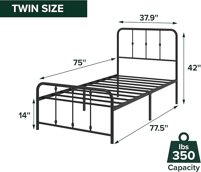 Zinus Leonardo Metal Platform Bed Frame, Victorian Spindle Style Headboard and Footboard, Heavy Duty Bed Base, Ample Underbed Space, Twin