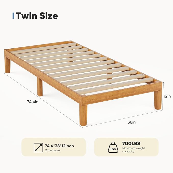 Sweetcrispy Twin Size Wood Platform Bed Frame, Solid 700LBS Heavy Duty Bed Base with Wooden Slat Support, Sturdy, Stylish & Noise-Free Design, No Box Spring Needed, 12IN Natural Pine