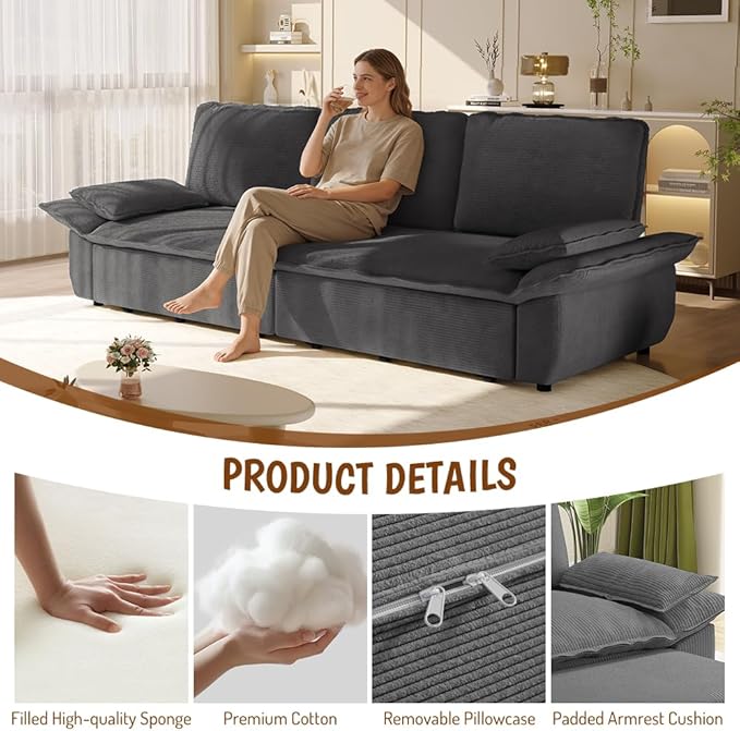 KEIKI 94.5" King 3-in-1 Sleeper Sofa, Oversized Pull-Out Couch with Cloud Comfort & Reclining Back, Corduroy Convertible Loveseat for Office, RV & Guest-Ready Spaces