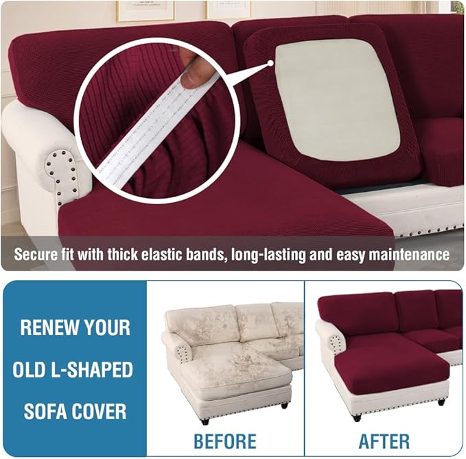 H.VERSAILTEX Sectional Couch Covers 8 Pieces Stretch Sofa Covers for Sectional Sofa Set Separate L Shaped Couch Cover for Both Left/Right Couch (Seat and Back: 1 Chaise + 3 Sofa, Burgundy)