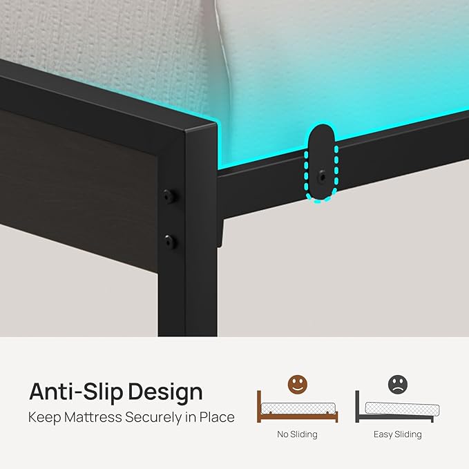 Rolanstar Bed Frame Queen Size with USB Charging Station, LED Bed Frame with Wood Storage Headboard, Black Metal Platform Bed with Under Bed Storage, No Box Spring Needed, Noise Free