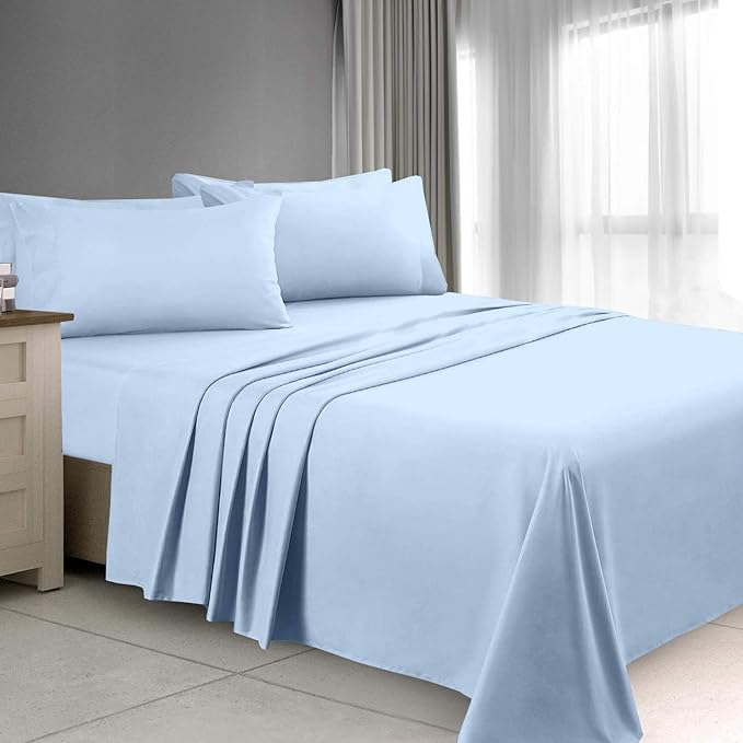 Ready To Rest Queen Waterbed Sheets, 4 Piece Attached Sheet Set, Fits 18 Inch Deep Mattress, Brushed Microfiber, Ultra Soft and Lightweight (Light Blue)