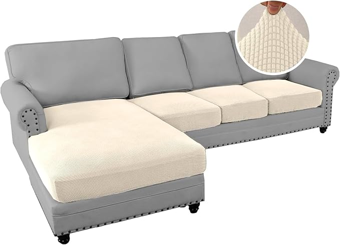 H.VERSAILTEX Sectional Couch Covers 4 Pieces Sofa Seat Cushion Covers L Shape Separate Cushion Couch Chaise Cover for Both Left/Right Sectional Couch (Seat Only: 1 Chaise + 3 Sofa, Cream)