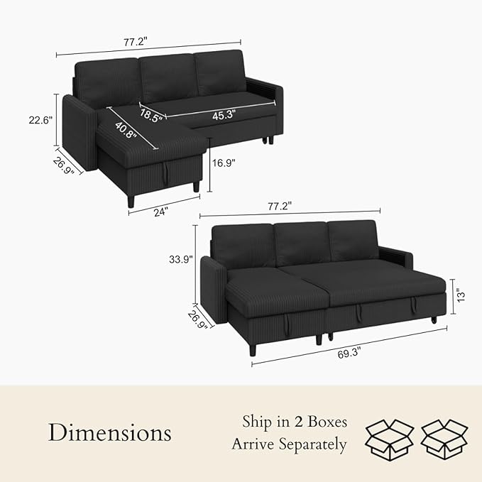 JAMFLY Pull Out Sleeper Sofa Bed with Storage Chaise, L-Shaped Corduroy Sectional Couch, 3-Seater Convertible Sofa with Hidden Storage for Small Living Room, Apartment, Office, Black