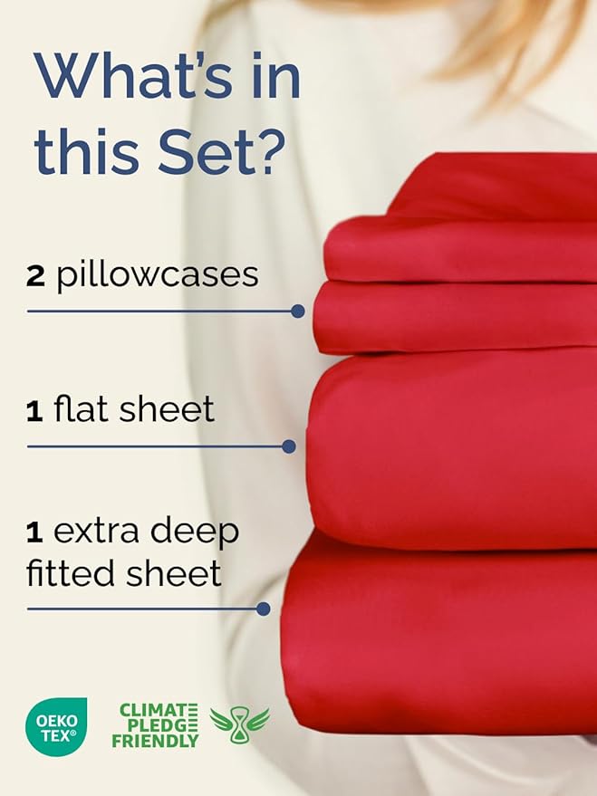 Extra Deep Twin XL Sheet Set - 4 Piece Breathable and Cooling Sheets - Hotel Luxury Bedding for Women, Men, Kids & Teens - Easy & Secure Fit - Soft, Wrinkle Free and Comfy - Extra Deep Pockets - Red