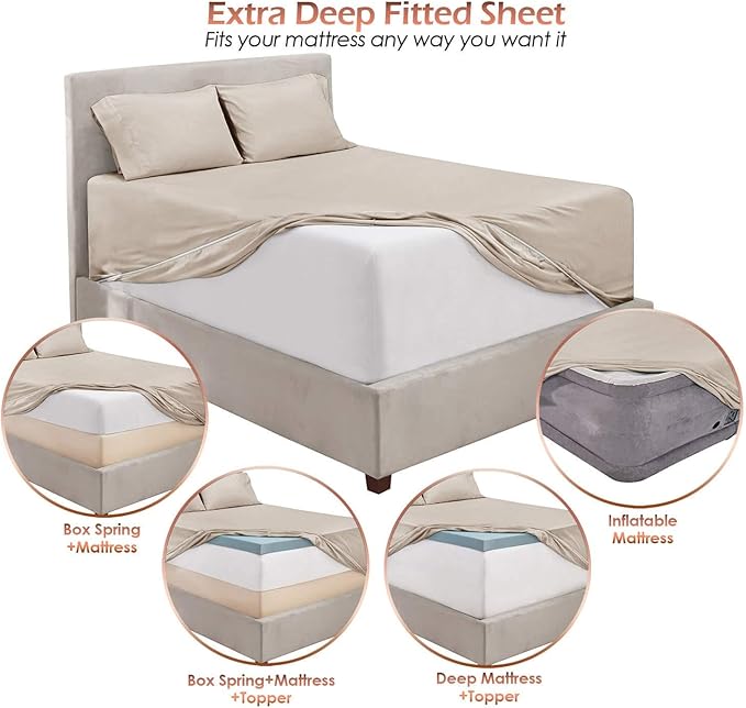 Hearth & Harbor Bed Sheets, Luxury Soft 6 Piece Bed Sheet Set Extra Deep Pocket Fitted Sheets Fits Mattress up to 21", Double Brushed Bedding Sheets & Pillowcases, Twin, Natrual Linen