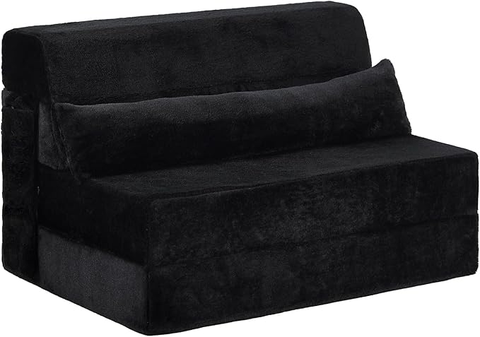 Tiita Convertible Folding Sofa Bed Twin Size for Adults with Pillow, Plush Fabric Floor Mattress Couch Bed, Washable Cover & Side Pocket, Guest Room, Dorm, Apartment, Living Room, Black