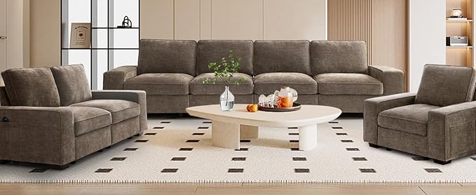 TEKAMON 100" Modular Sofa with Seats Storage, Comfy 3-Seater Chenille Fabric Couch for Living Room, Office, Apart W/Deep Seat, USB Charging, Upholstered Couch with Removable Cover(Brown)