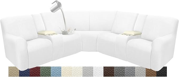 Waterproof Reclining Sectional Couch Covers Washable L Shaped Couch Cover for Sectionals Recliner Sofa Covers Stretch Corner Recliner Slipcovers for Dogs (5 Seater 2 Console Cover, White)