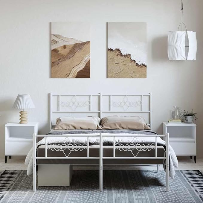 Traditional Double Metal Bed Frame with White Powder-Coated Steel, Durable and Elegant Design for Master Bedroom or Guest Room, Timeless Style and Robust