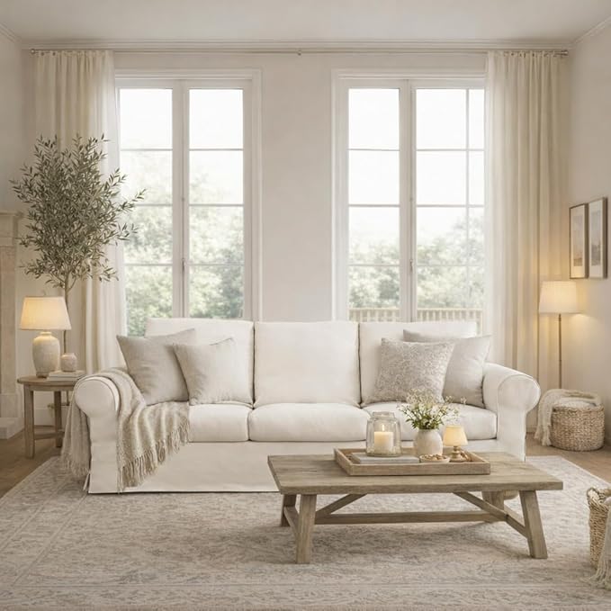 89" 3 Seater Sofa for Living Room, Deep Seated Comfy Couch with Removable Linen Slipcover, Modern Farmhouse Rolled-Arm Sofa, High Back Support, Cream White