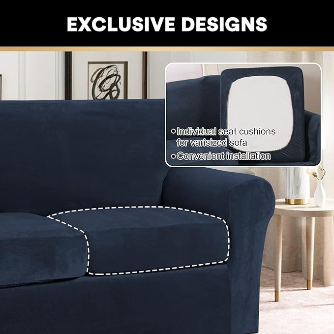 PrinceDeco Couch Cover Velvet Plush Sofa Covers for 2 Cushion Couch Width Up to 90 Inch Washable Furniture Protector Pet Friendly No Slip Sofa Slipcover(Medium-Large, Navy)