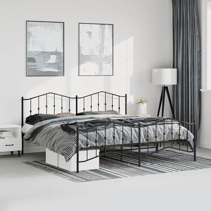 Modern Metal Bed Frame with Footboard, Black Powder-Coated Steel Platform Bed with Underbed Storage Space for Master or Guest Bedroom