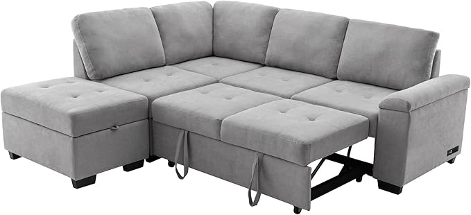 LUMISOL 87.4" Convertible Sectional Sofa with Storage Ottoman, L-Shaped Sleeper Sofa with Pull Out Bed, Storage Arm & USB Ports, Modern Velvet Sofa Couch with Chaise for Living Room, Grey