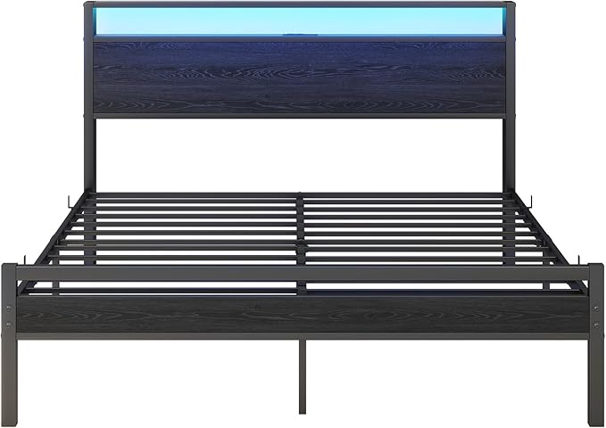 BOFENG Queen Bed Frame with Storage Headboard/LED Lights,Metal Platform Bed Frame with Charging Station,Bed Frame Queen Size with Storage,No Box Spring Needed,Noise Free,Black
