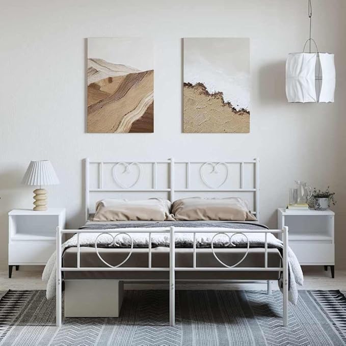 White Metal Bed Frame with Headboard, Modern Steel Platform Bed with Underbed Storage, Supports 59 x 79 Inch Mattress, Durable and Breathable Design for Bedroom or Guest Room