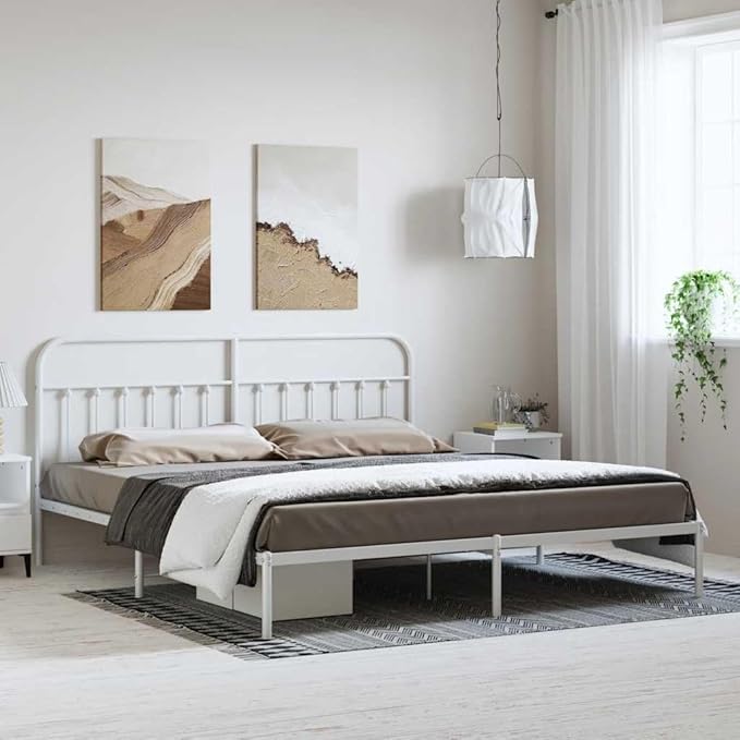 Bed Frame White Powder-Coated Steel Bedroom Furniture headboard for Bedroom 76 in x 80 in Industrial