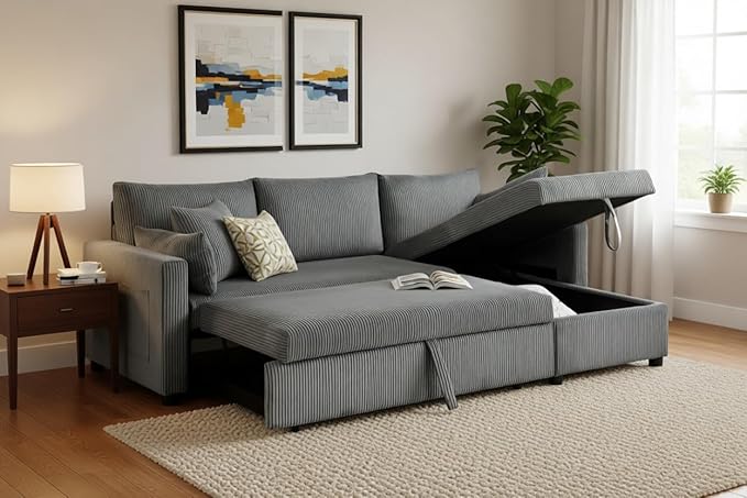 Sectional Sleeper Sofa with Pull Out Bed, LShape Convertible Sofa Bed Couch with Storage Chaise, 3 in 1 Pull Out Sofa Bed with 3 Seats, for Living Room,Apartment, Gray, 85Inch