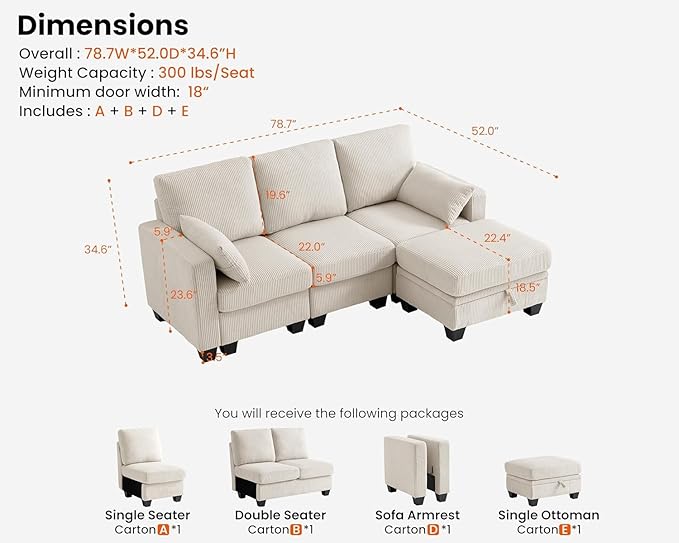 CHIC HOUSE Modular Sectional Sofa with Storage Ottomans, Corduroy Cloud Couch for Small Spaces & Apartments, Reconfigurable L/U Shaped Convertible Corner Sofa, Beige, 4 Seater Sectional