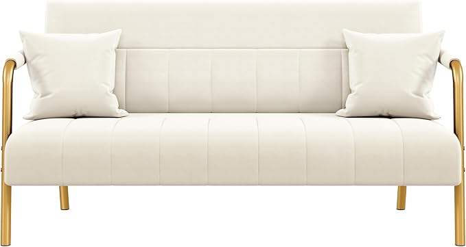 Yaheetech 56.5" W Modern Sofa Small Sofa Luxurious Velvet Fabric Couch with Gold-Tone Metal Arms and Legs for Living Room, Home Office, Studio Beige