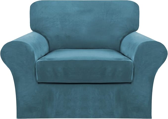 FantasDecor 2 Piece Chair Sofa Covers Velvet for Living Room Slipcovers with Individual Cushion Elastic Furniture Protector for Pets, Machine Washable (Armchair, Peacock Blue)