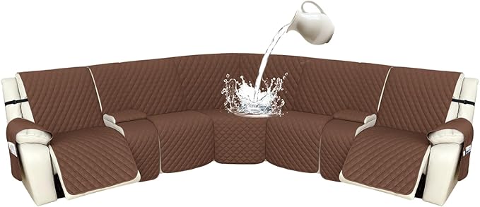 Arfntevss Recliner Sectional Couch Covers 1OO% Waterproof L Shape Sofa Cover for Reclining L Shaped Sectional Slipcover Dog Washable Corner Non Slip Protector (5 Seater with 2 Console, Coffee)