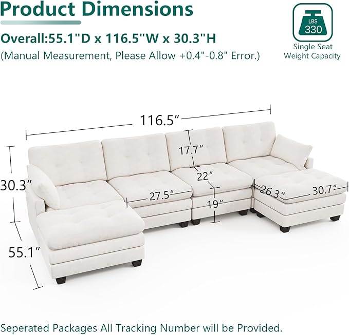 Modular Sectional U Shaped Sofa Couches for Living Room, Cloud Couch with Movable Ottoman, Comfy Chenille Sofa with Pillow for Bedroom and Apartment,Beige-Tufted