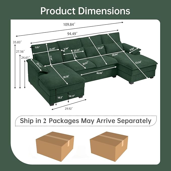 110" Convertible Sectional Sofa, U Shape Cloud Couch, Comfy Couches with Double Chaise and Sleepable Armrests, 4 Seats Sectional Couches for Living Room, Green