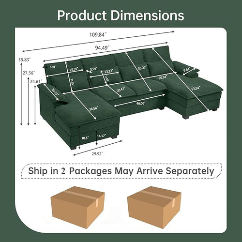 110" Convertible Sectional Sofa, U Shape Cloud Couch, Comfy Couches with Double Chaise and Sleepable Armrests, 4 Seats Sectional Couches for Living Room, Green