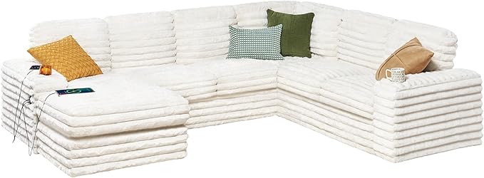 PaPaJet 112 Inch U Shaped Couch, Oversized Couch with Storage, Sectional Sofa with Chaise & 2 USB Ports, Faux Fur White Sofa