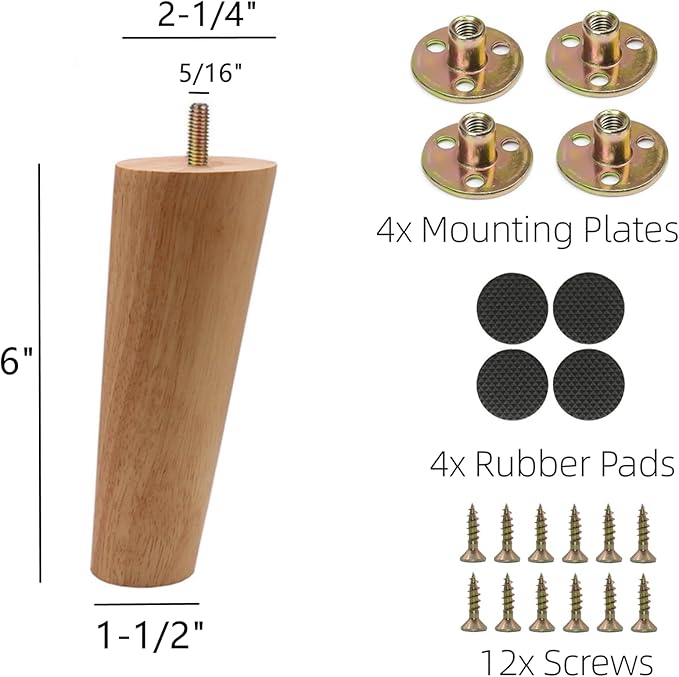 WEICHUAN Solid Rubber Wood Replacement Sofa Couch Chair Ottoman Loveseat Coffee Table Cabinet Furniture Wood Legs(6" Slant Set of 4)