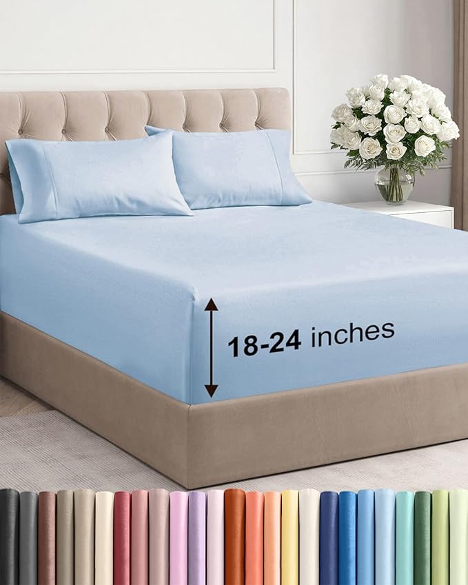 Extra Deep Twin XL Sheet Set - 4 Piece Breathable and Cooling Sheets - Hotel Luxury Bedding for Women, Men, Kids & Teens - Easy Secure Fit - Soft, Wrinkle Free & Comfy - Extra Deep Pockets - Sky Blue