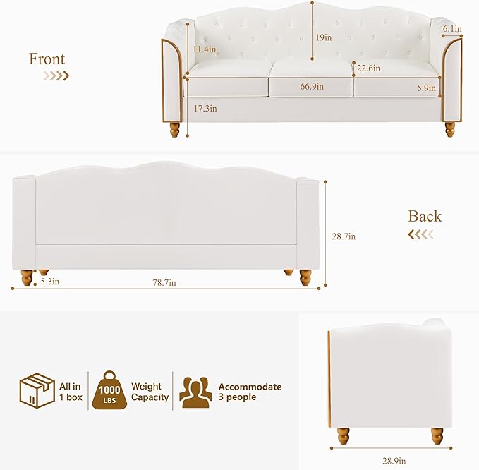 HITHOS 78" Leather Sofa Couch, Soft 3 Seater Sofa Couches for Living Room, Button Tufted Comfy Couch Modern Sofa with Upholstered Cushion, Gold Trim, Solid Wood Legs for Dorm Bedroom Apartment, White