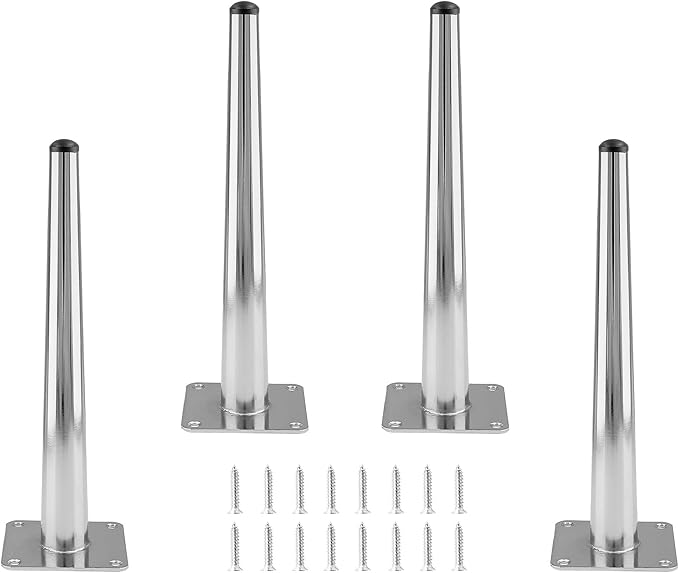 4pcs 10 Inch Furniture Legs, Straight Conical Metal Legs Chrome Mid-Century Style Furniture Feet for Sofa Cabinet Table Chair Cupboard Couch Ottoman Home DIY Projects