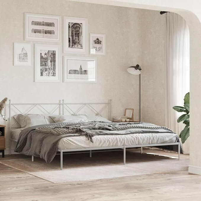 Modern Rectangular Metal Bed Frame with Headboard, White Powder-Coated Steel Design for Bedroom, Durable Storage Solution with Breathable Material, Fits Two People, Easy