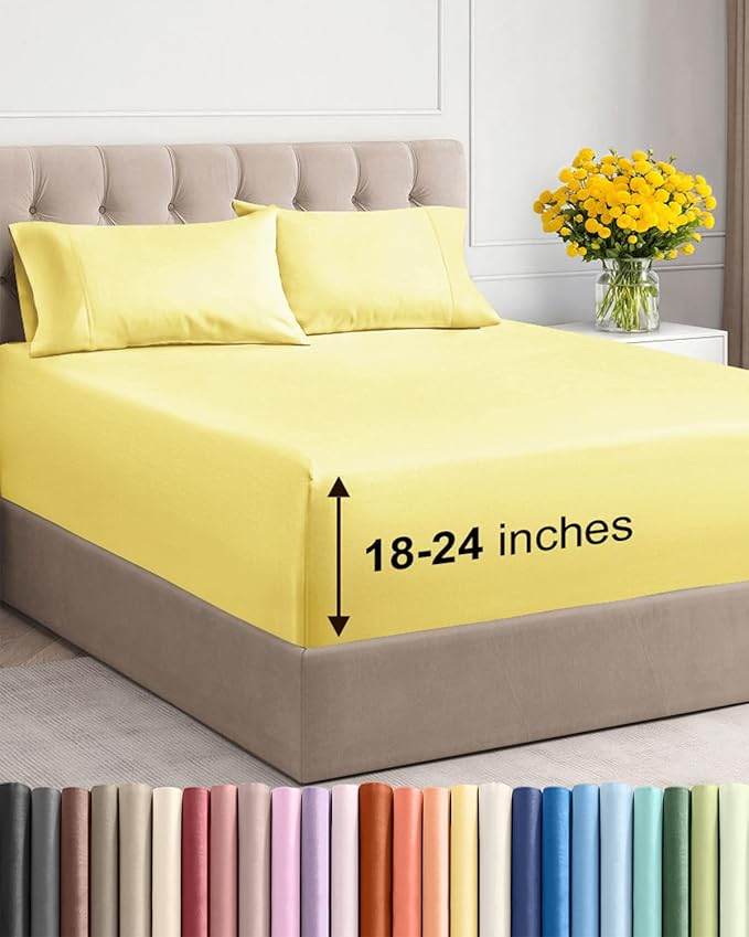 Extra Deep Twin XL Sheet Set - 4 Piece Breathable and Cooling Sheets - Hotel Luxury Bedding for Women, Men, Kids & Teens - Easy Secure Fit - Soft, Wrinkle Free and Comfy - Extra Deep Pockets - Yellow
