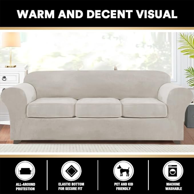PrinceDeco Velvet Couch Covers for Sofa Soft 4 Pieces Couch Covers for 3 Cushion Couch Sofa Pet Friendly Furniture Protector with Non Slip Elastic Bottom Width Up to 97 Inch (Large Sofas, Oatmeal)
