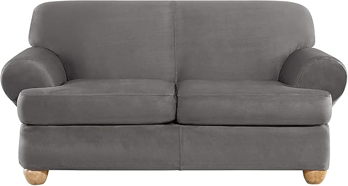 SureFit Home Décor SF44485 Ultimate Stretch Suede Individual Cushion Loveseat Slipcover, Form Fit, Polyester/Spandex, Machine Washable Three Piece Slate Gray Color