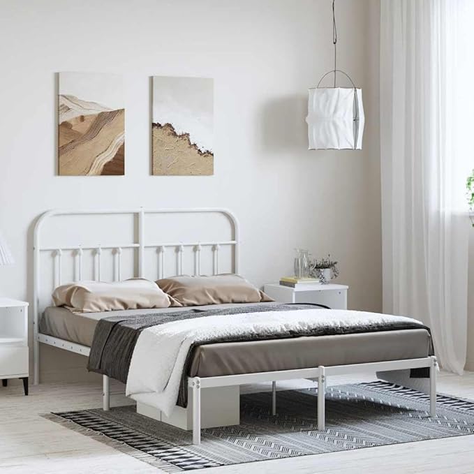 Bed Frame White Powder-Coated Steel King Bed Frame Rectangular Bedroom Furniture headboard for Guest Room