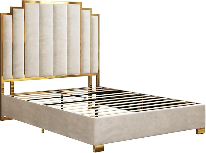 AMERLIFE Queen Size Upholstered Bed, Modern Velvet Bed Frame with 61.4” Tall Gold Trim Headboard, No Box Spring Needed, Cream