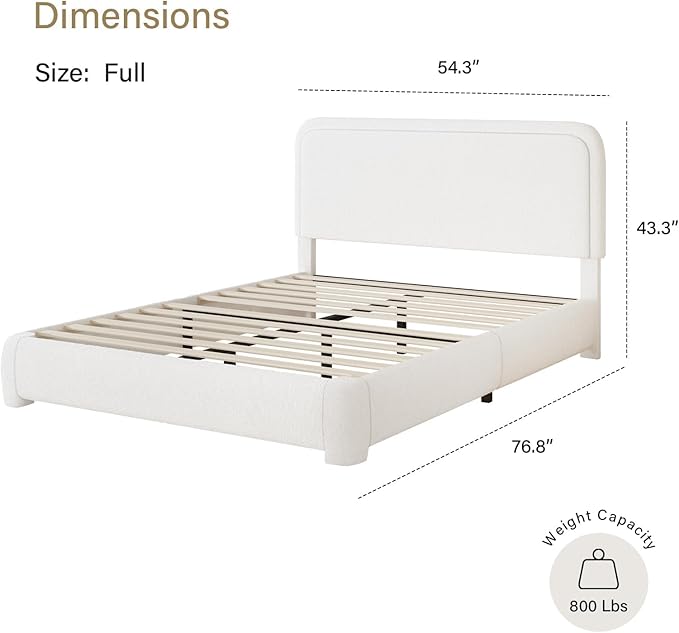 BarnFurin Full Size Bed Frame,Cloud Boucle Upholstered Platform Bed Frame with Headboard, Soft Rounded Corners, No Box Spring Required, Non-Slip and Noise-Free, Easy Assembly, White