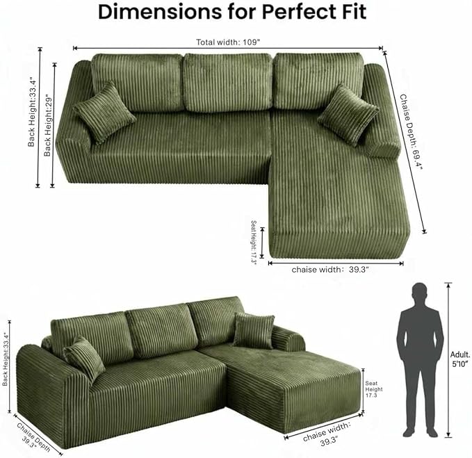 109“L-Shaped Sectional Sofa Boneless Couch Upholstery Cloud Modular Couch with Chaise No Assembly Required Corduroy Fabric Combination Deep Seat Living Room Bedroom(Green, Right Hand Facing)