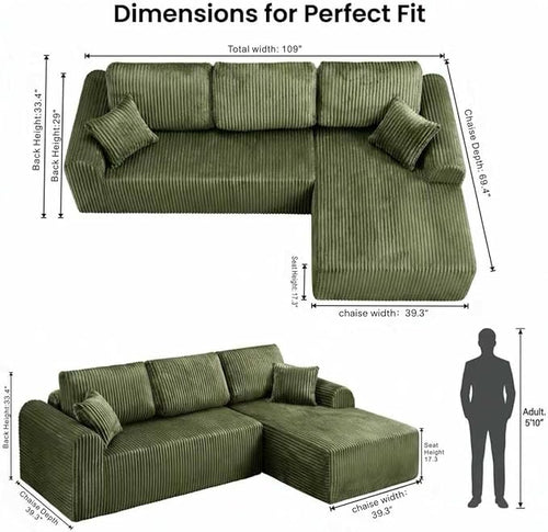109“L-Shaped Sectional Sofa Boneless Couch Upholstery Cloud Modular Couch with Chaise No Assembly Required Corduroy Fabric Combination Deep Seat Living Room Bedroom(Green, Right Hand Facing)