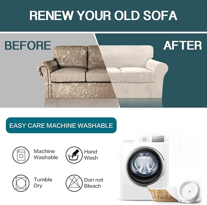 FantasDecor 3 Piece Sofa Covers Velvet for 2 Cushion Couch Stretch Loveseat Slipcover with Individual Seat Elastic Furniture Protector for Pets (Sofa, Ivory)