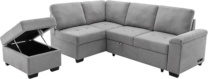 LUMISOL 87.4" Convertible Sectional Sofa with Storage Ottoman, L-Shaped Sleeper Sofa with Pull Out Bed, Storage Arm & USB Ports, Modern Velvet Sofa Couch with Chaise for Living Room, Grey
