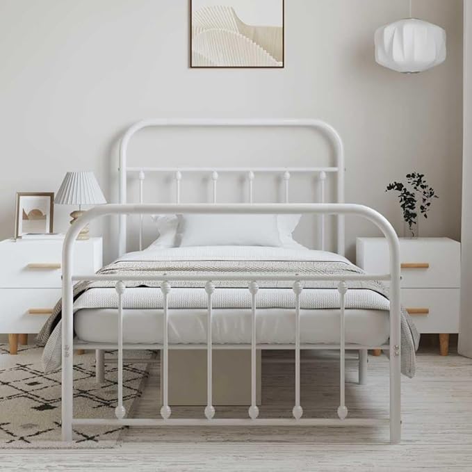 Bed Frame White Powder-Coated Steel Single Bed Frame Bedroom Furniture headboard for Living Room