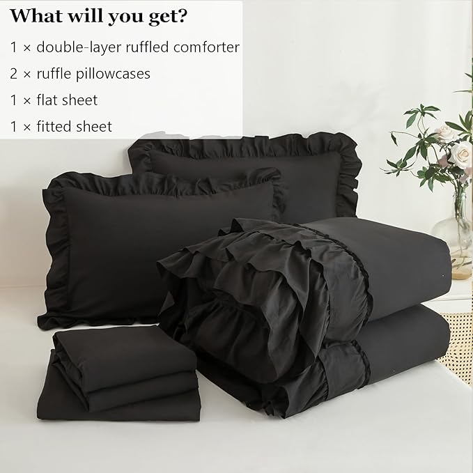 ANGIYUIN 5Pcs Black Full Size Ruffled Bed in Bag Farmhouse Shabby Comforter Set Solid Elegance Bedding Comforter Set with Sheets Soft Lightweight Bed Set for Women Men(Black Full)