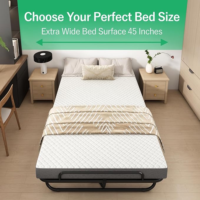Folding Bed with Mattress for Adults, 75" x 45" Portable Twin XL Size Rollaway Bed, Metal Frame Foldable Guest Bed with Memory Foam Mattress,Deluxe Extra Beds with Side Storage Pocket