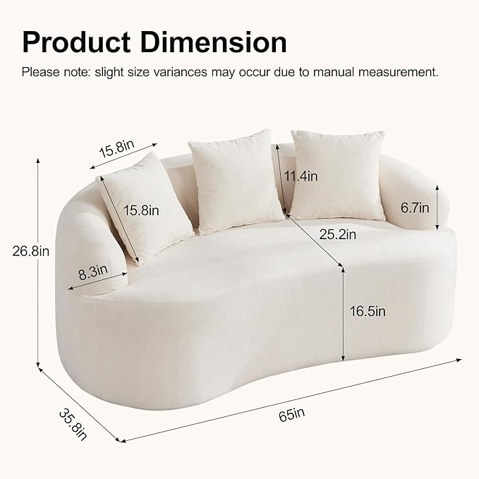 65" Boneless Curved Loveseat Sofa, Modern Deep Seat Love Seat Couches, 2 Seater Curved Couch with 3 Throw Pillows, Compressed Floor Sofa for Living Room Small Spaces, No Assembly, Beige